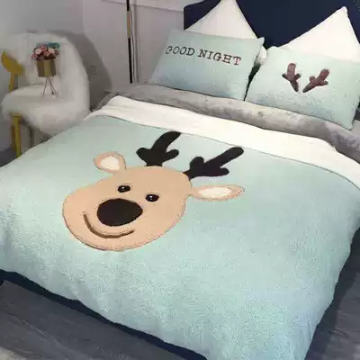 Thickened warm lamb velvet four-piece double-sided coral velvet quilt cover milk velvet cartoon flannel bedding winter