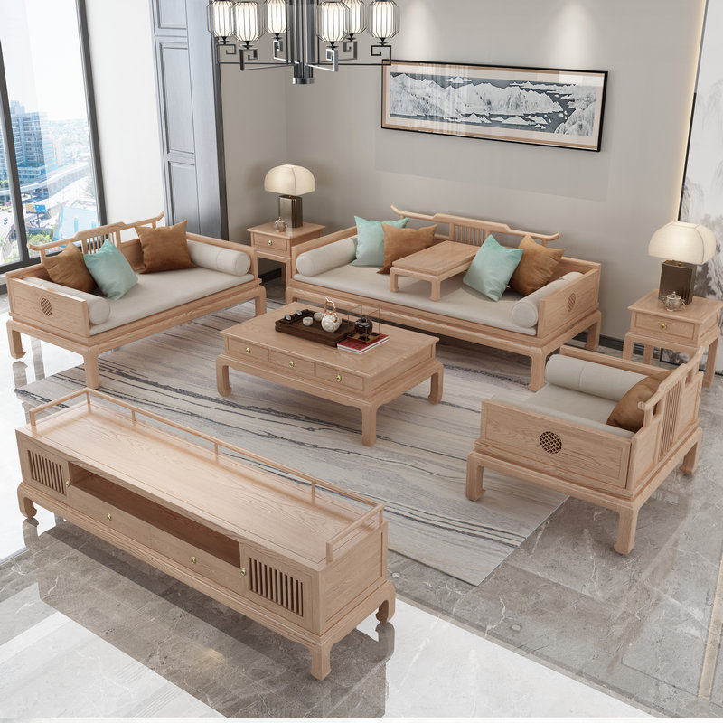 New Chinese style all solid wood sofa combination simple modern living room log color large and small size villa arhat bed furniture
