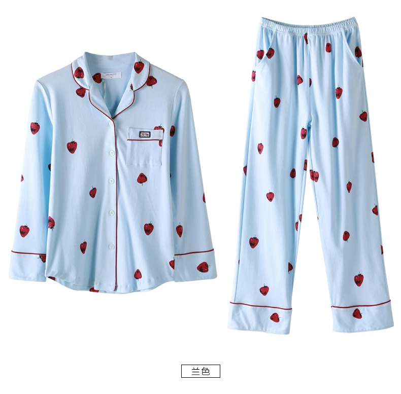 Màu xanh lá cây mùa thu mới bộ đồ ngủ nữ cotton dài tay áo nịt ngực dâu thoải mái thường xuyên phục vụ nhà