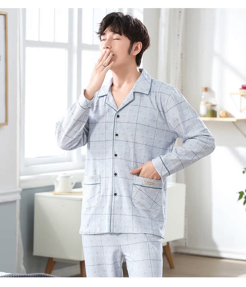 Green Jia vài bộ đồ ngủ cotton mùa thu nữ mới dài tay nam quần lưới mắt cáo áo len nhà phù hợp với dịch vụ nhà đồ ngủ nữ quần áo ngắn