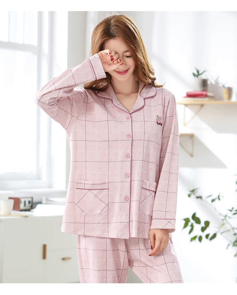 Green Jia vài bộ đồ ngủ cotton mùa thu nữ mới dài tay nam quần lưới mắt cáo áo len nhà phù hợp với dịch vụ nhà đồ ngủ nữ quần áo ngắn