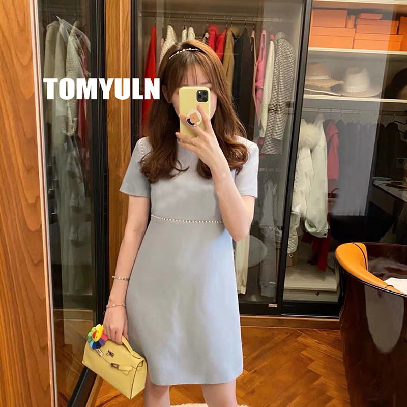 TOMYULN22 summer French light luxury ladies temperament round neck short sleeve waist silk hair thin and elegant dress