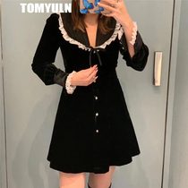 Light luxury celebrity style dress TOMYULN20 autumn Noble elegant niche retro velvet small black dress women