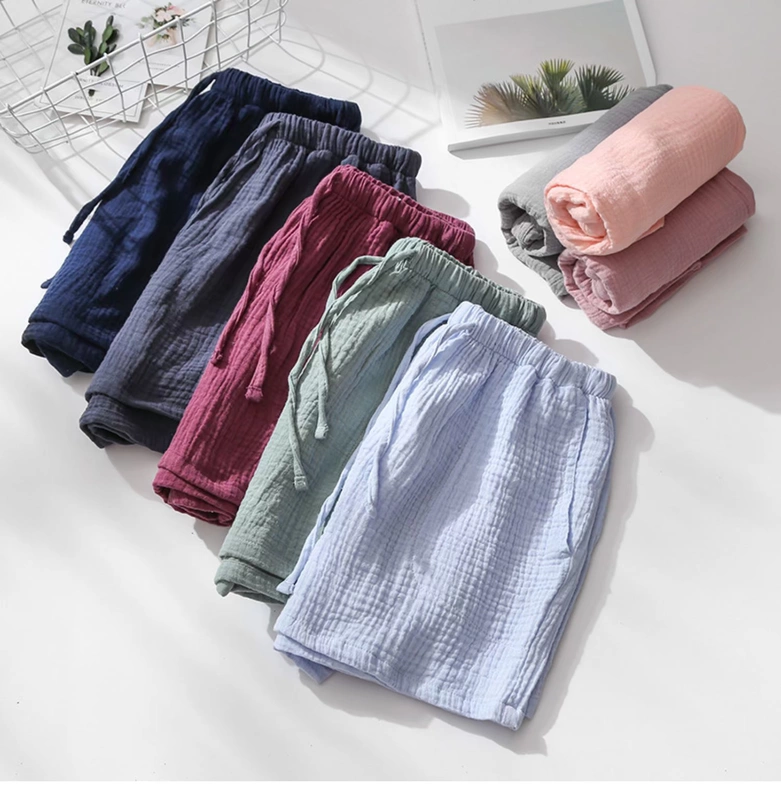 Cotton crepe vài chiếc quần short mùa hè mỏng phần nam và nữ đơn giản quần ở nhà đơn giản đã giặt quần đi biển cotton quần pyjama cộng với kích thước - Quần tây