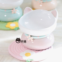 Spot-one-weaver cat Meow Fairy Super-Beauty High foot Slant Mouth Ceramic Cat Ear Bowl Macaron Tricolor Bowl Water Bowl