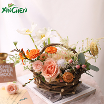 Xinchen Birds Nest Wooden Flower Basket Flower Packaging Material Original Creative Waterproof Portable Log Flower Basket