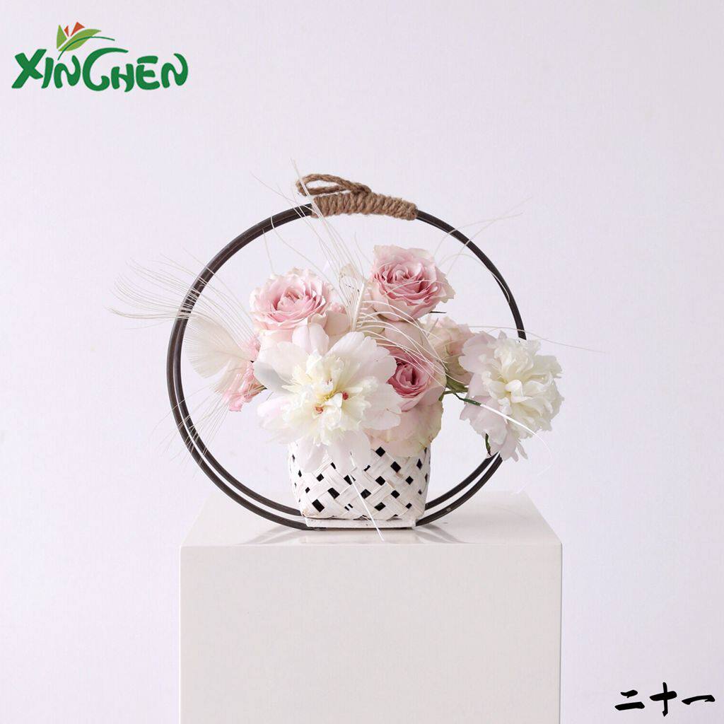 Xinchen Materials New Ring Iron Hand-held Flower Basket Flower Flower Arrangement Green Plant Simulation Flower Hemp Rope Flower Basket