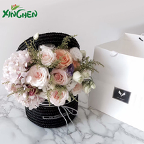 Handmade straw hat woven flower basket new European round hug bucket covered with flowers fake flower fruit flower basket 2 sets