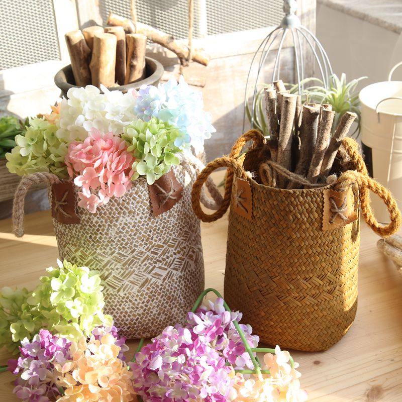 Straw rattan wicker wall hanging garden large fleshy golden kudzu basket flower basket flower pot creative natural hand woven basket