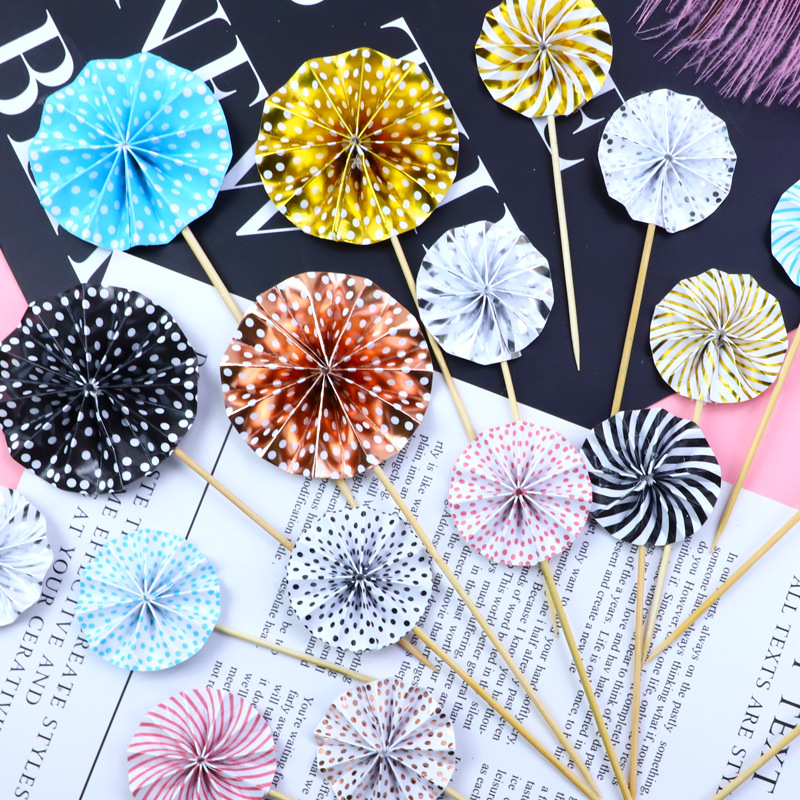 Birthday cake decoration baking plug-in round folding fan sun flower paper gold and silver card dessert table dress up