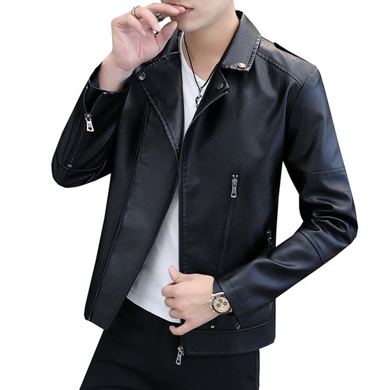 2021 Spring and Autumn New Casual Plush Leather PU Jacket Men's Korean Style Slim Fashion Handsome Youth Leather Jacket