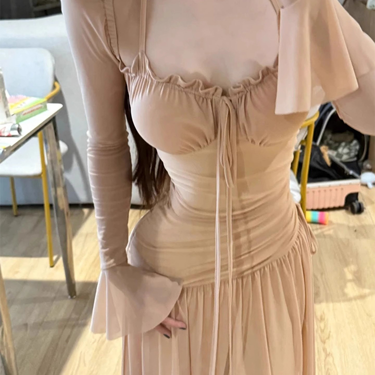 SYJ/Shuyijia Французское сетчатое платье в нежном стиле с бретельками на шее, женское легкое роскошное платье высокого класса с темпераментной талией и длинной юбкой