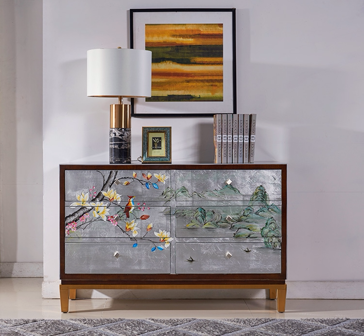 New Chinese style modern minimalist living room porch cabinet solid wood furniture silver foil drawer dining cabinet bedroom painted six drawers