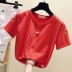 2019 phụ nữ mới phiên bản Hàn Quốc của áo thun thêu nữ màu rắn ngắn tay áo thun nửa tay rộng rãi in họa tiết siêu ngắn tay - Áo phông Áo phông