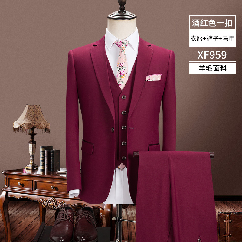 Suit phù hợp với nam giới ba mảnh phù hợp với len thân Hàn Quốc phiên bản chuyên nghiệp kinh doanh đầm đầm chú rể cưới mùa thu