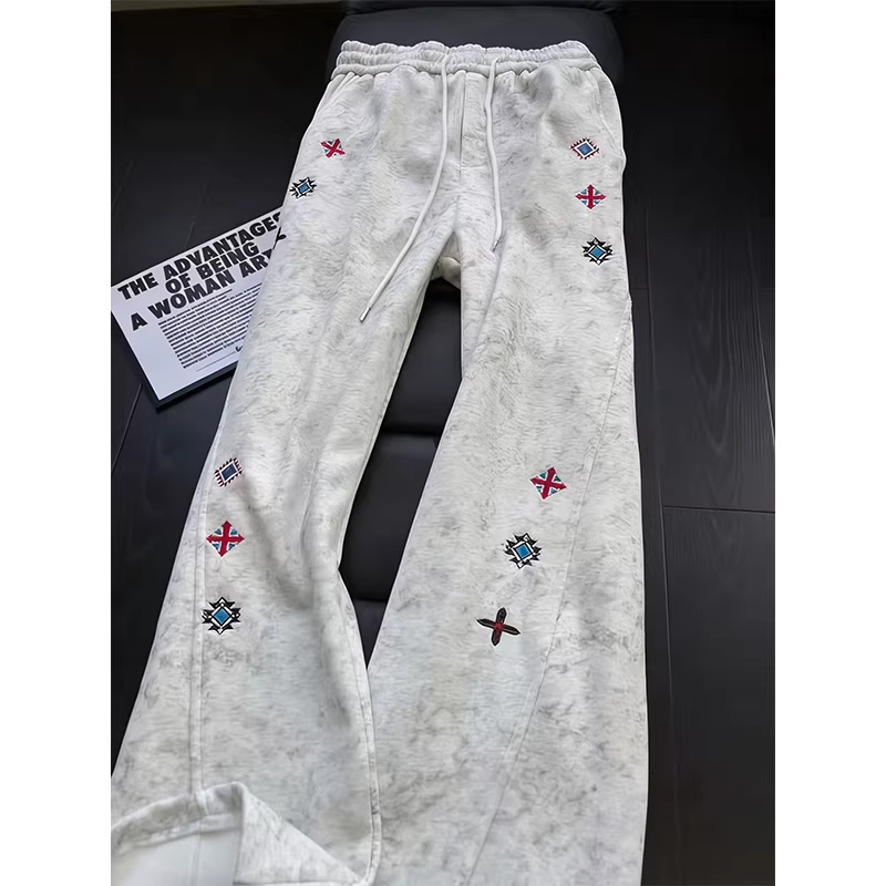 White and Gray Tie-Dye Flared Sweatpants Unisex Design with Embroidered Diagonal Cut Scimitar Pants Straight-Leg Casual Sports Long Pants