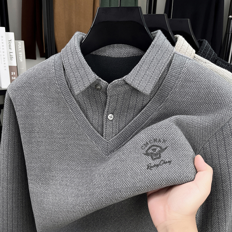 Fake Two-Piece Shirt-Collar Sweater for Men, Winter Fleece-Lined and Thickened, Warm Knitted Base Layer Top for Middle-Aged Men