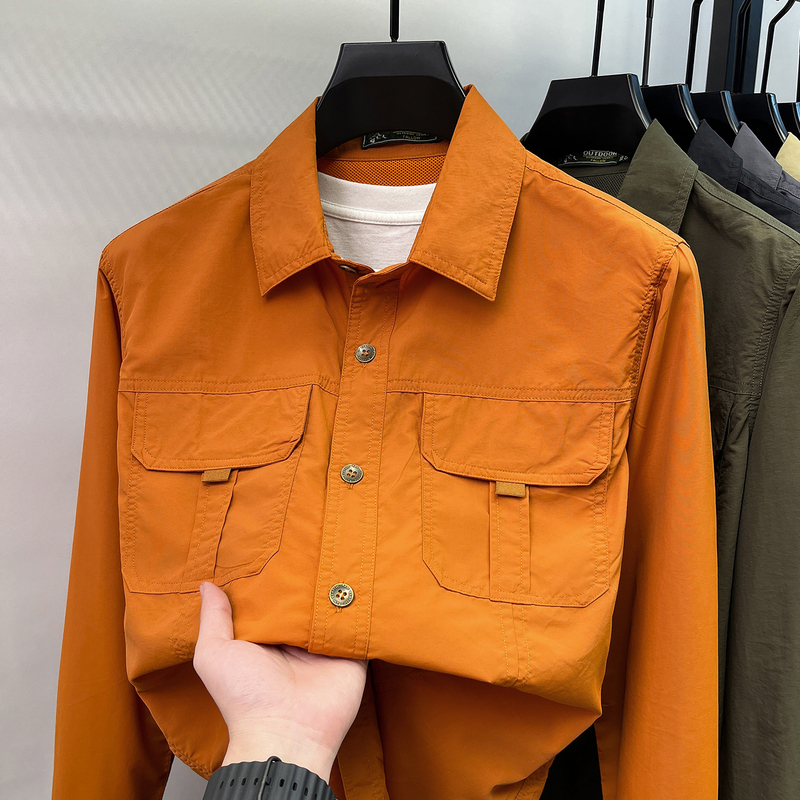 Workwear Style Lapel Shirt for Men, Summer Loose Fit, Multi-Pocket, Sun Protection, Quick-Drying, Men's Long-Sleeve Shirt Jacket