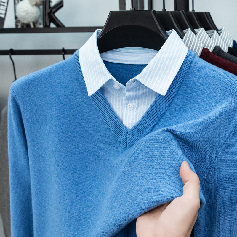 Fake Two-Piece Shirt Collar Sweater for Men, Spring and Autumn Pullover Striped Men's Casual Versatile Knitted Base Shirt Top