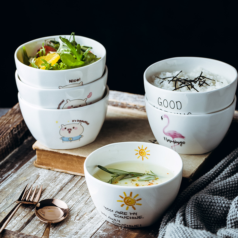 Ceramic creative home eat rice bowl 4.5 inch bowl of salad bowl ins cartoon express little soup bowl spoon, 1