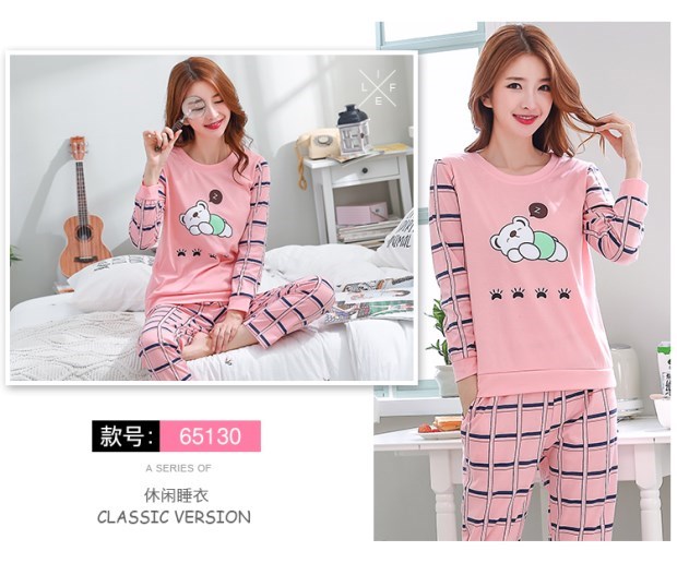 Bộ đồ ngủ nữ dài tay cotton mùa xuân và mùa thu Hàn Quốc Hàn Quốc ngọt ngào dễ thương Cartoon Lady Casual Wear Home Service Set những kiểu đồ bộ de thương