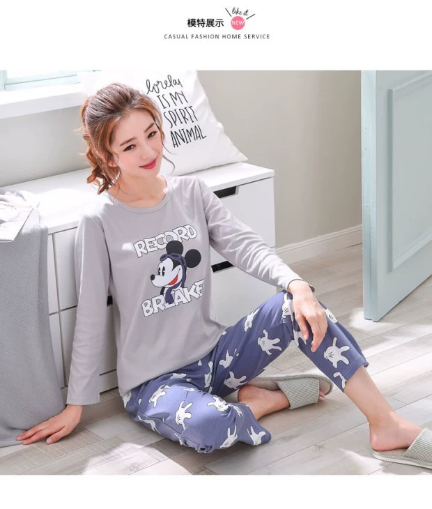 Bộ đồ ngủ nữ mùa xuân và mùa thu cotton dài tay Hàn Quốc Cô gái hoạt hình dễ thương ngọt ngào có thể mặc một bộ đồ phục vụ tại nhà