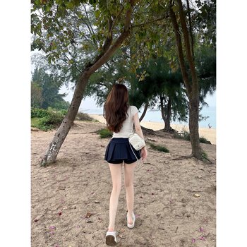 Windblown island~ ແອວສູງ ແອວສູງ ໂສ້ງກະໂປງ denim pleated skirt