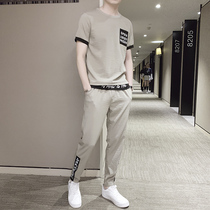 Rich bird summer mens short-sleeved t-shirt suit Korean casual handsome mens round neck ice silk trend two-piece suit