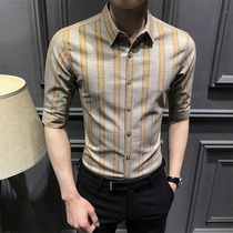 Rich bird Korean high-end drop shirt mens short-sleeved non-perm 5-point sleeve design sense Ruffian handsome stripes trend light luxury