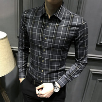 Rich bird plaid shirt mens long-sleeved Korean version of the trend spring and autumn new color matching shirt casual slim-fit top free ironing