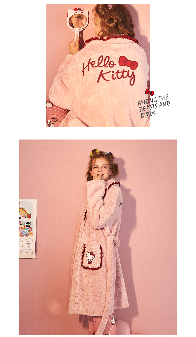 Gukoo / trấu chính hãng Hello Kitty nhung nhung mùa thu và đồ ngủ mùa đông nữ mùa đông áo dài nữ đồ bộ ngủ
