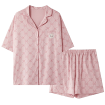 Gukoo Nutshell Pajamas Women Spring and Summer Mary Cat Short Sleeve Lapel Home Clothes Cotton Ladies Nightgown Set B