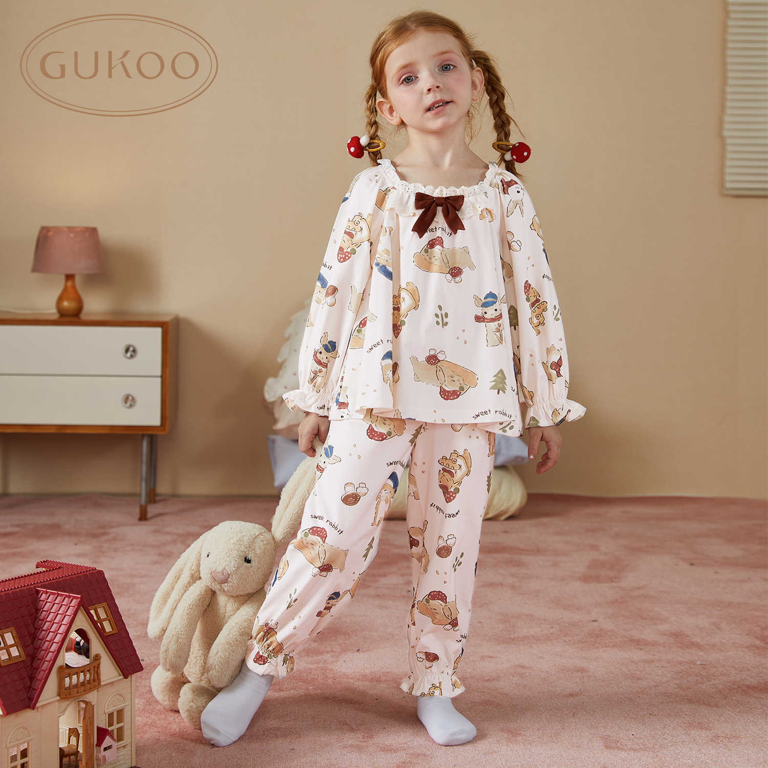 Gukoo/果壳睡衣儿童春秋款卡通宝宝睡衣可爱男女童棉氨家居套装C