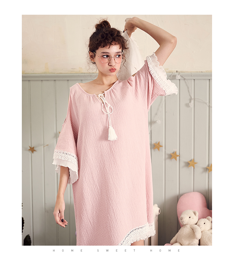 Gukoo trấu mùa xuân và mùa hè cotton ngọt nightdress nữ giản dị dịch vụ nhà mùa xuân và mùa hè cotton sexy đồ ngủ nightdress mùa hè