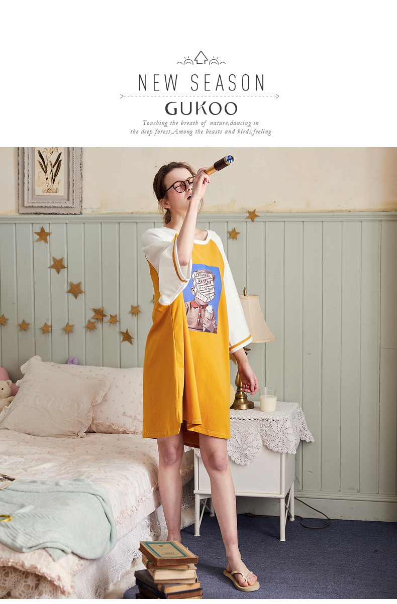 Gukoo trấu mùa xuân và mùa hè nightdress ngắn tay đồ ngủ váy cotton nightdress nữ mùa hè ngọt ngào đồ ngủ dịch vụ nhà mùa xuân và mùa thu