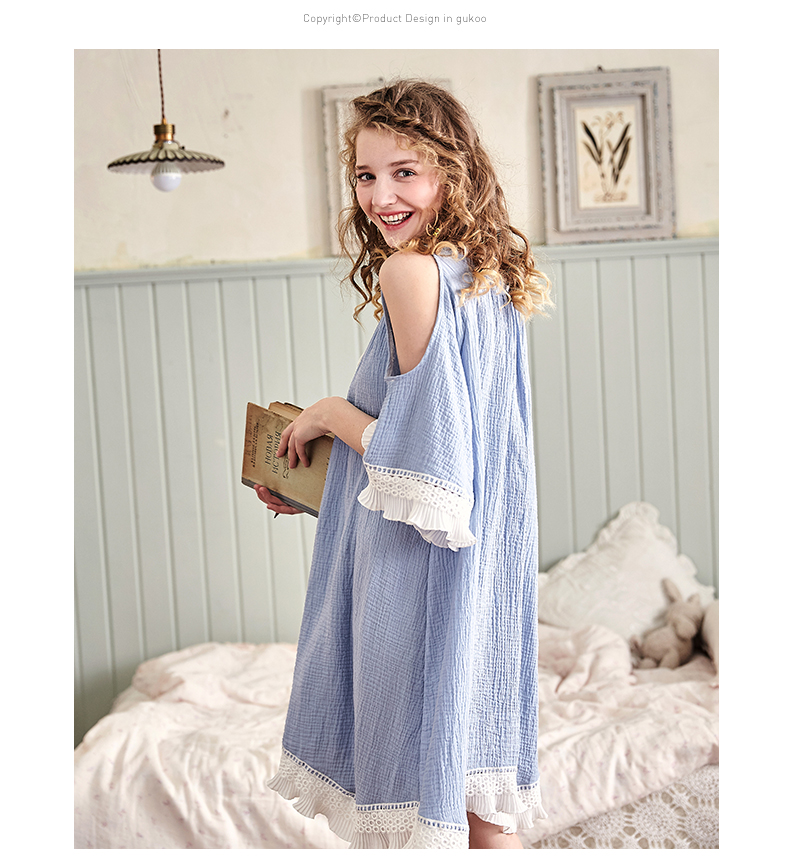 Gukoo trấu mùa xuân và mùa hè nightdress đồ ngủ nữ mùa hè bông ngọt dễ thương nightdress dịch vụ nhà có thể được đeo