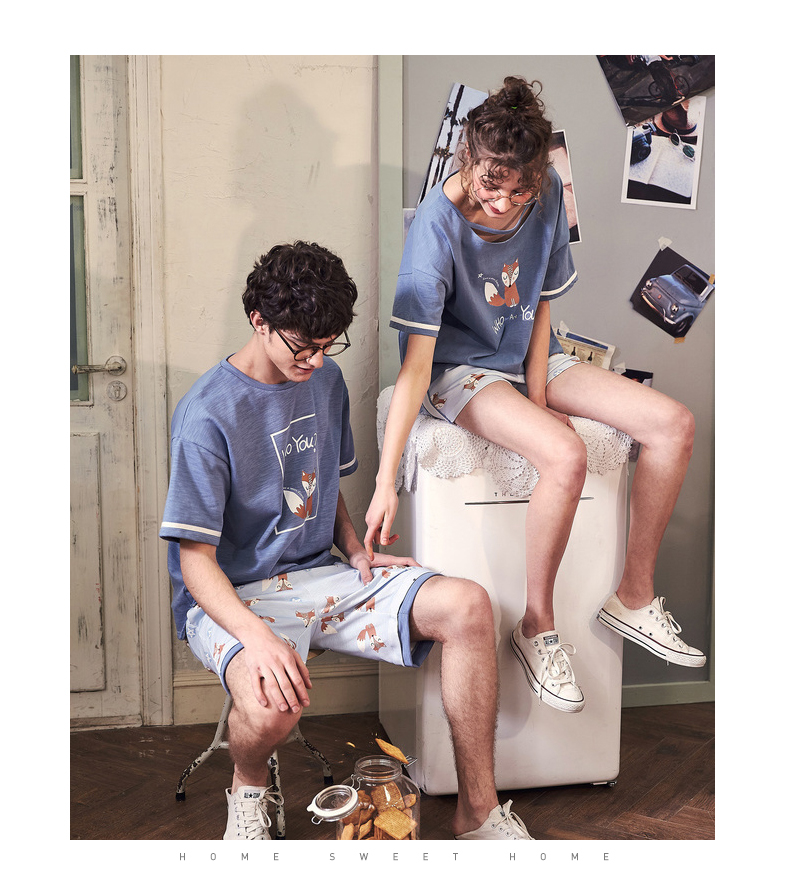 Gukoo trấu bộ đồ ngủ cotton couple đồ ngủ mùa hè phim hoạt hình phù hợp với in ấn của nam giới dịch vụ nhà của phụ nữ đồ ngủ mùa hè đồ bộ nữ mặc nhà