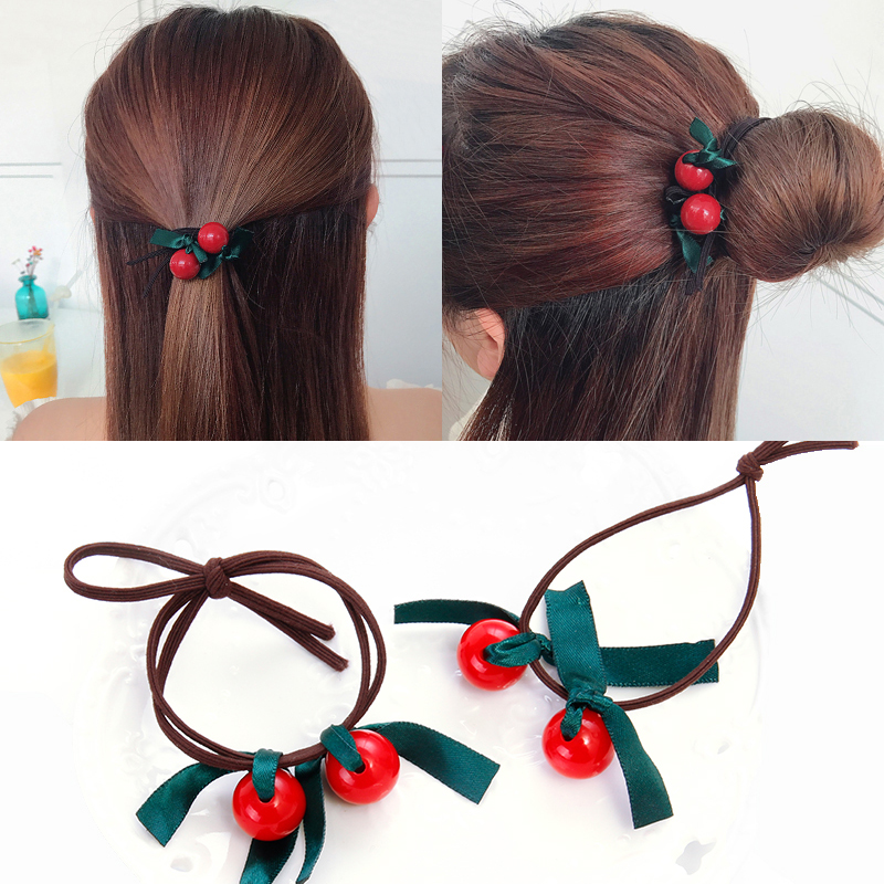 Red beads hair ring South Korea Hair Rubber Band Japan South Korea Head Decoration Hair Accessories Hair Ring Handmade Large Butterfly Knot Hair Rope