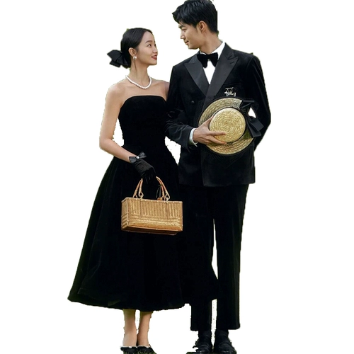 Свадебное платье, ретро длинный черный бархатный топ без лямок, французский ретро стиль, средней длины