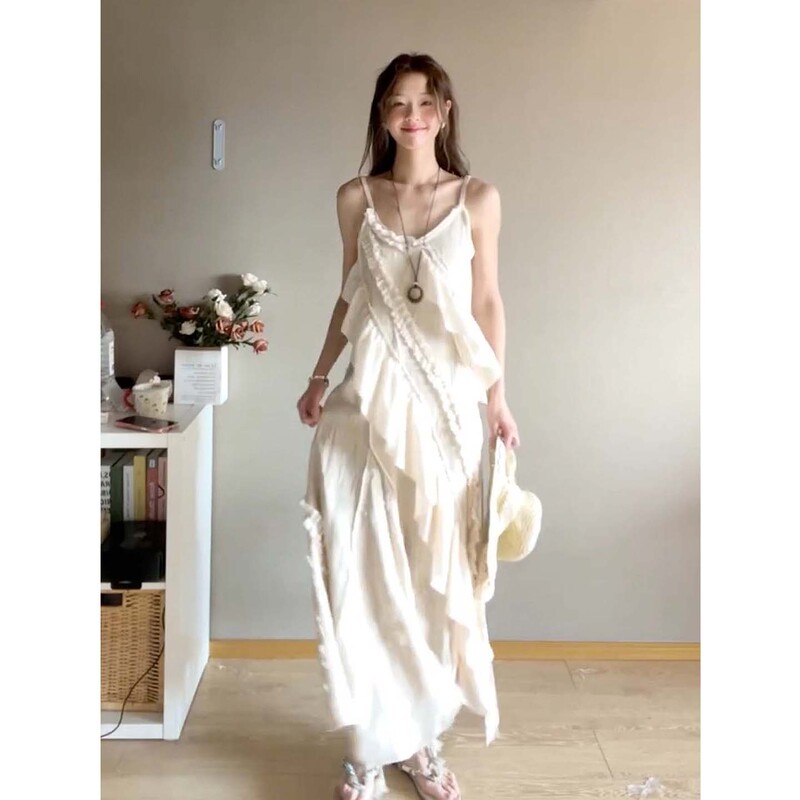French Resort Style Ruffled Spaghetti Strap Dress for Women, Summer 2026, Off-White, Heavy Craftsmanship, Irregular Long Dress, Very Beautiful French Resort Style Ruffled Spaghetti Strap Dress for Women, Summer 2026, Off-White, Heavy Craftsmanship, Irregular Long Dress, Very Beautiful