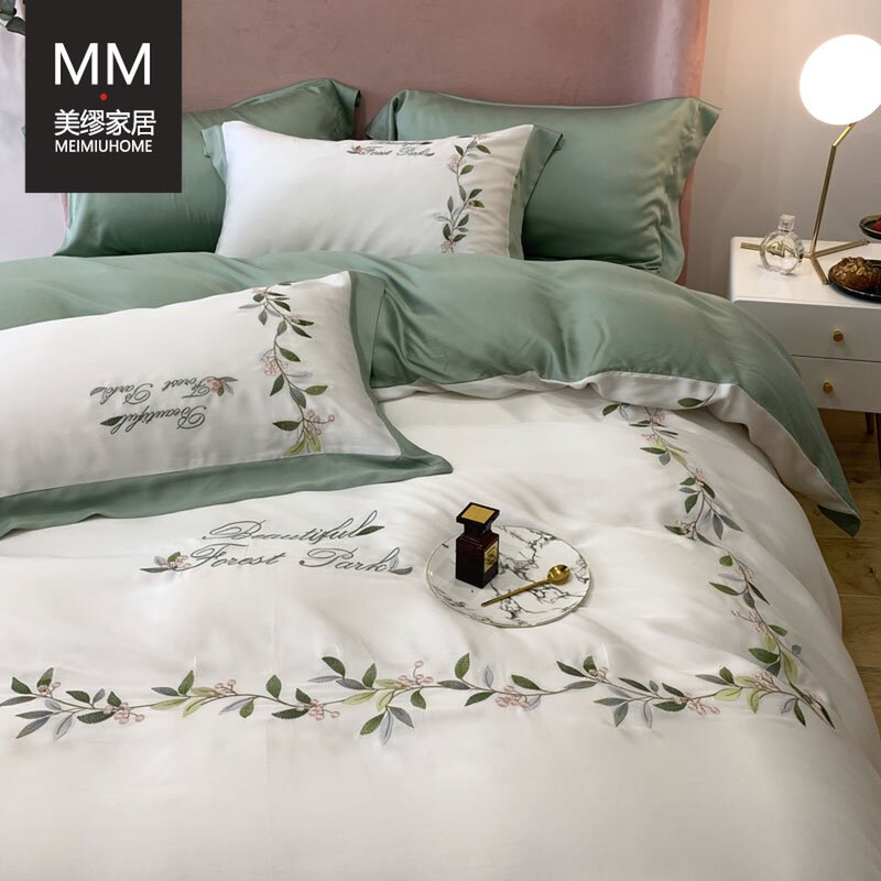 American-style fresh pastoral style 60 Tencel embroidery spring and summer naked sleeping silky bed sheet quilt cover 1 8m four-piece set