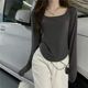 Top design sense female niche T-shirt thin slim fit U-neck hem irregular bottoming with tight short body tuck inside