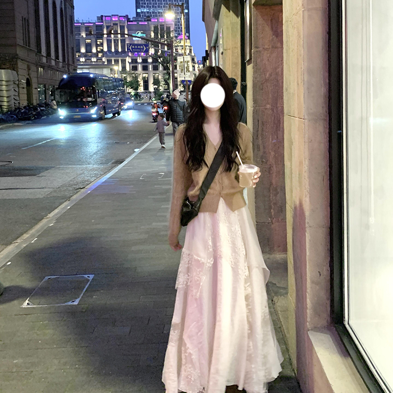 マルチピースのヘビーレースメッシュスカート春の新しいスタイルの大きなスイングAラインスカートデザインのニッチなロングスカート