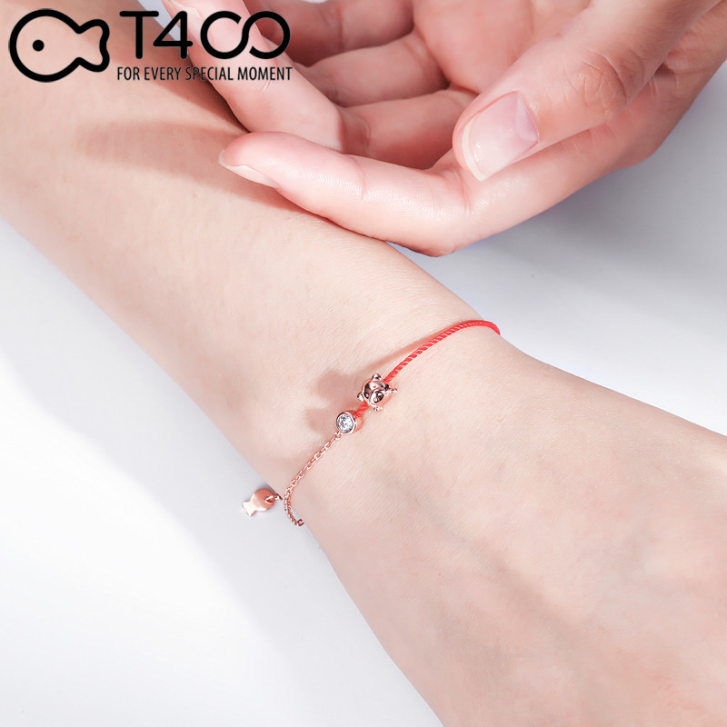 T400 sterling silver bracelet Female year of life red rope pig hand rope Zodiac couple genus pig jewelry Year of life gift
