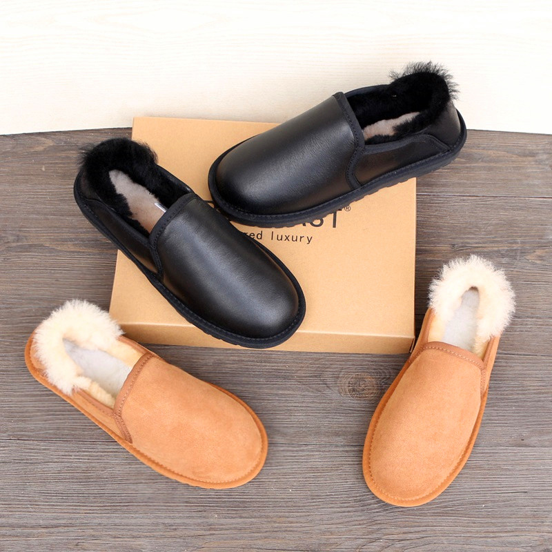 Sheepskin and fur one-piece snow boots Peas shoes men's autumn and winter one pedal thickened pure wool slip-on shoes couples two cotton shoes