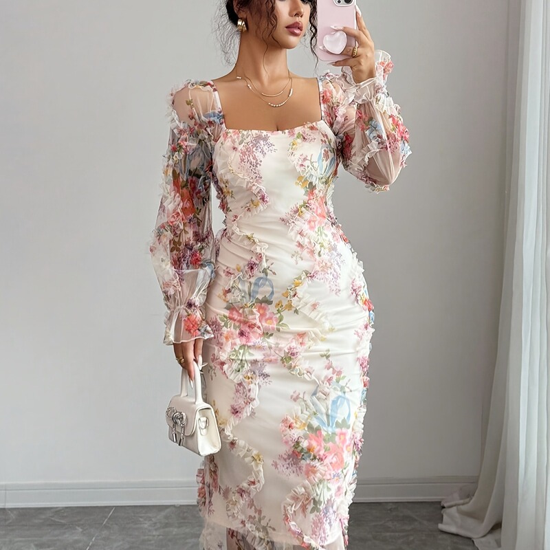 Women's New Spring and Summer Elegant and Romantic Mesh Floral Print Pleated Decorative Long-Sleeved Mid-Length Dress Women's New Spring and Summer Elegant and Romantic Mesh Floral Print Pleated Decorative Long-Sleeved Mid-Length Dress