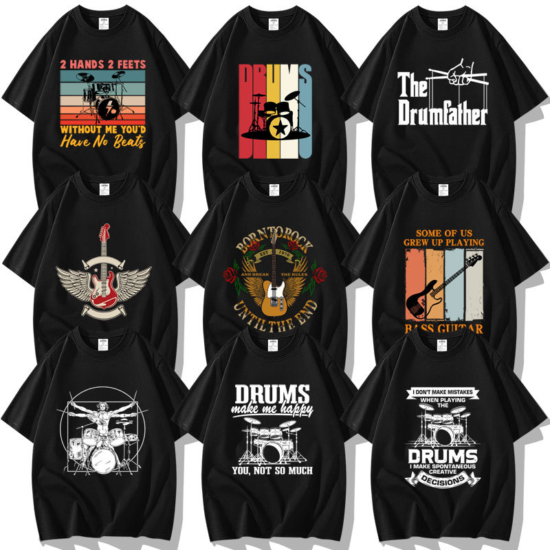 Rock Band Xu Wei Zhao Lei Music Festival Performance Short-Sleeved Guitar Bass Drum Pattern Printed Pure Cotton T-Shirt