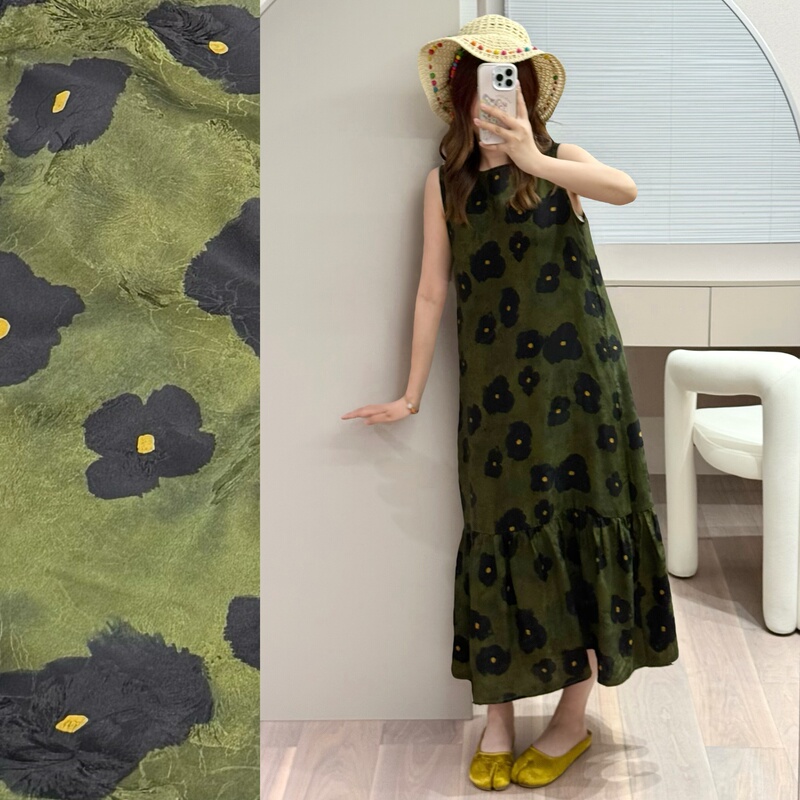 100% Mulberry Silk Red Cloud Yarn Floral Olive Green Plumeria Vest Dress Fishtail Long Dress with Free Fabric Ribbon