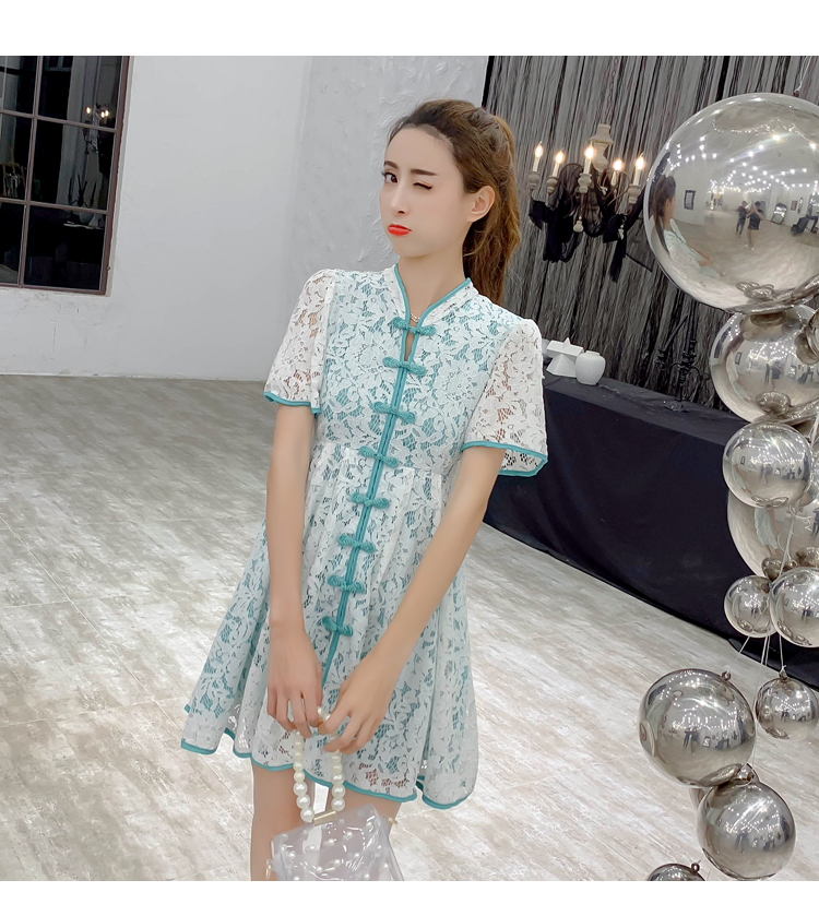 VK旗艦店 中國風中國結扣蕾絲拼色包邊旗袍短袖洋裝