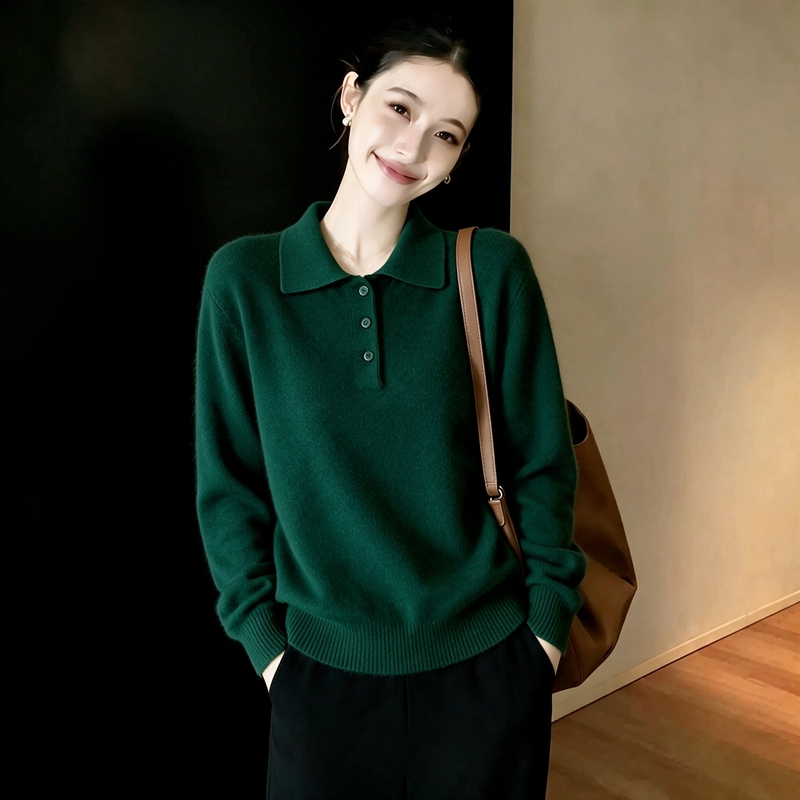 Recommended Item for Personal Collection~ Relaxed Dark Green Polo Collar Long-Sleeve Soft Wool Knit Sweater for Women, Autumn and Winter